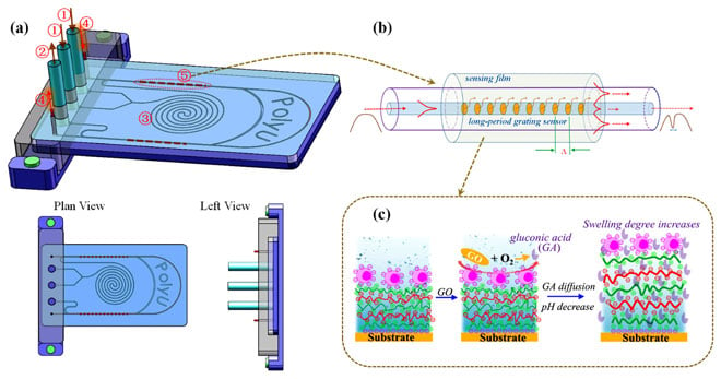 (a) Schematic design of the optical fiber biosensor integrated microfluidic chip: 1 are two inlets, 2 is outlet, 3 is a spiral mixture, 4 are optical fibers and 5 is the embedded LPG sensor. (b) The mode coupling and optical resonance in the long-period grating biosensor. (c) Working mechanism of the multilayer film for glucose sensing and signal enhancement.