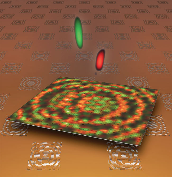 Figure 4. A prototype of a multiphase titanium nitride (TiN) lattice metalens creates a 3D foci pattern with two focal points above the surface. Courtesy of Northwestern University.