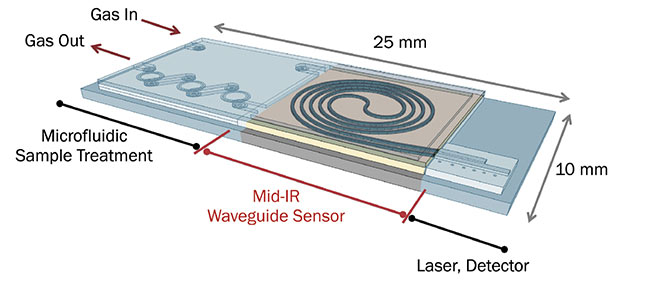 Figure 4. Jana Jágerská’s team is developing tiny microchip-based mid-IR systems that could be used in sensor hardware for space missions or to achieve sensitive gas detection in medical devices. Courtesy of Susanne Lagerström.