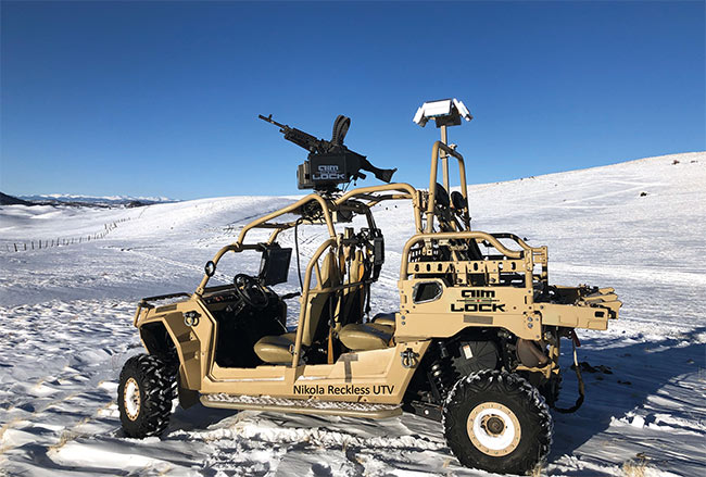 The Nikola Reckless UTV (utility task vehicle) from AimLock is a prototype drone vehicle that uses metamaterial-based radar for detection, tracking, and targeting. Courtesy of Echodyne and AimLock.