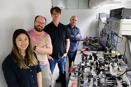 In the photonics lab at the Sydney Nanoscience Hub, University of Sydney. (From left to right): Alison Wong, Christopher Betters, Barnaby Norris, Sergio Leon-Saval. Courtesy of the University of Sydney.