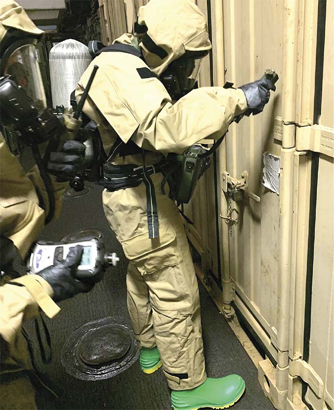 Chemical, biological, radiological, and nuclear defense specialists of the U.S. Marine Corps 2nd Marine Logistics Group and 22nd Marine Expeditionary Unit perform threat assessments using portable spectrometers while wearing bulky PPE. Such applications and user requirements pose important considerations when designing portable spectrometer instruments. Courtesy of Jake Herr.
