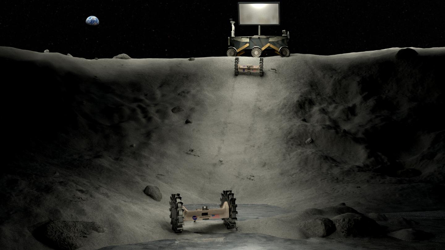 NASA selected eight university teams, including a joint team of researchers from the Colorado School of Mines and the University of Arizona, to develop technology to support efforts to find and harvest water on the Moon's south pole. Courtesy of NASA.