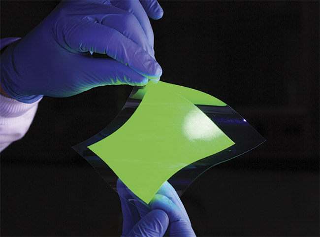 Perovskites, a hybrid material, can be deposited onto flexible surfaces and used to generate or detect light. Courtesy of Helio Display Materials.