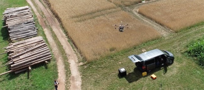 Headwall Photonics lightweight hyperspectral UAV takes off for a flight above an experimental agricultural field. Headwall will partner with Purdue University to provide remote sensing and spectral imaging solutions for precision agriculture. Courtesy of geo-konzept GmbH, 2020.