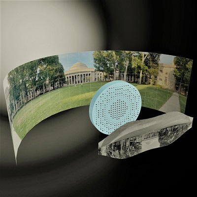 3D artistic illustration of the wide-field-of-view metalens capturing a 180° panorama of MIT's Killian Court and producing a high-resolution monochromatic flat image. Courtesy of Mikhail Shalaginov et al.