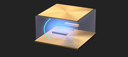 Two gold mirrors separated by a small distance house plasmonic gold nanorods, allowing the study of ultrastrong light-matter coupling at room temperature. Courtesy of Denis Baranov, Chalmers University of Technology
