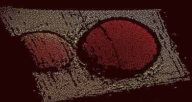 A 3D point cloud of objects reconstructed by Rice University’s Hyperspectral Stripe Projector- based imaging system. The monochrome camera also captures spectral data for each point to provide not only the target’s form but also its material composition. Courtesy of the Kelly Lab