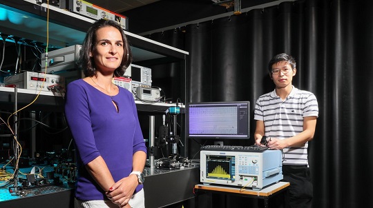 Researchers from EPFL's Photonics Systems Lab, led by Camille Brès (front) have reconfigured microwave photonic filters without an external device. Potential applications include detection and communications systems. Courtesy of EPFL.