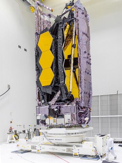 The James Webb Space Telescope inside the cleanroom at its launch site at Guiana Space Center, in French Guiana. Courtesy of NASA/Chris Gunn.