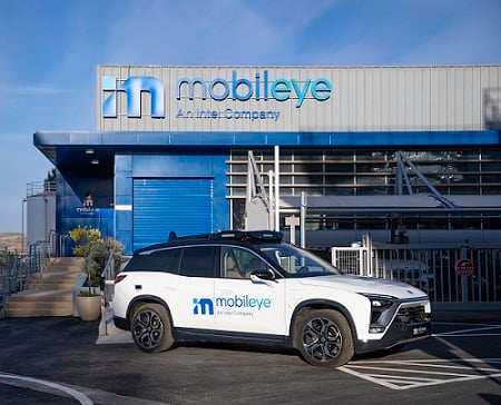 A self-driving vehicle from Mobileye’s autonomous fleet sits outside Mobileye’s autonomous vehicle workshop in Israel. Courtesy of Mobileye, an Intel Company.