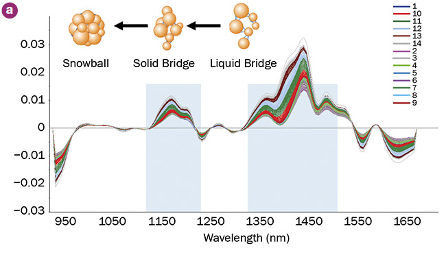 NIR spectroscopy is sensitive to variations of moisture content and particle size, which makes it an excellent tool for continuously monitoring intermediates in granulation and drying. Moisture variations are observed as changes at specific wavelengths (a), while particle size variations are reflected by baseline shifts (b). Courtesy of VIAVI Solutions.