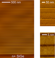 Scanning transmission electron microscopy (STEM) images of one of the Ge/SiGe heterostructures at different magnifications. The SiGe layers appear darker. Courtesy of Università Roma Tre, De Seta Group.