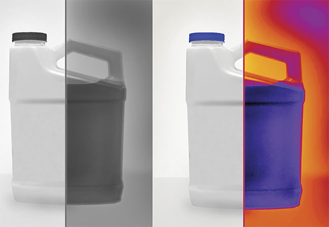 Commonly opaque packaging plastics are often more transmissive in the SWIR than in the visible range, allowing SWIR cameras to easily detect the fill level of contents that are less transmissive or even strongly absorptive of SWIR wavelengths (left). False color palettes are used to highlight or accentuate temperature transitions for the human observer, without altering the temperature values of the underlying pixel (right). Courtesy of MoviTHERM.