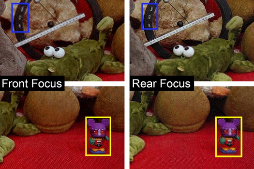 This figure shows the experimental demonstration of 2D and 3D holographic projection. The left photograph is focused on the mouse toy (in yellow box) closer to the camera, and the right photograph is focused on the perpetual desk calendar (in blue box). Courtesy of Liang Shi, Wojciech Matusik, et al.