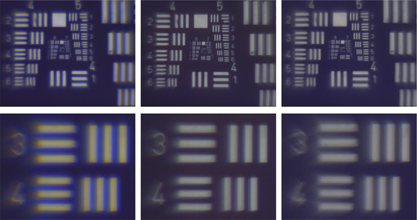 In tests of the new lenses, the reference lens (left) shows color seams due to chromatic aberrations. The 3D-printed achromat lenses (middle) reduced these drastically while images taken with the apochromat (right) completely eliminated the color distortion. Courtesy of Michael Schmid, University of Stuttgart.