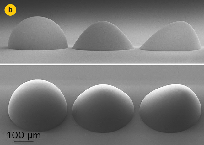 Two-photon grayscale lithography enables the fabrication of a combination of refractive and diffractive elements in micro-optics in one production step (a). Single lenses with spherical, aspherical, and freeform shapes (b). Courtesy of Nanoscribe.