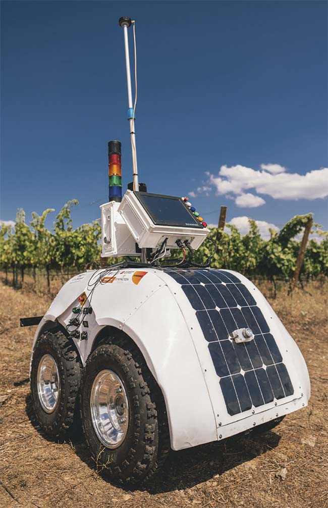A prototype of a vineyard health-monitoring robot developed for the European Union’s VineScout viticulture project. The limited footprint and power budget allotted to embedded vision systems require design and programming to be highly application-specific. Courtesy of Sundance Multiprocessor Technology.