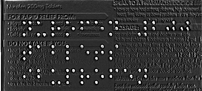 With the advanced shape-from-shading algorithm and some preprocessors in Teledyne DALSA’s Sherlock software, the unwanted complex background characters have been so significantly suppressed that Braille can then be easily identified and reliably read. Courtesy of Teledyne DALSA.