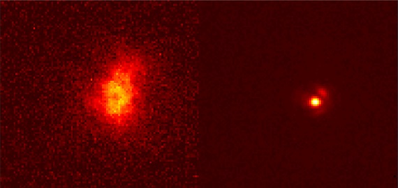 Image of the star Alpha Persei. The image on the left shows what the star looks like without using REVOLT. The image on the right shows what the star looks like when REVOLT is used. REVOLT improved the resolution of the image by a factor of 5 and the sensitivity by a factor of almost 500. Courtesy of National Research Council of Canada.