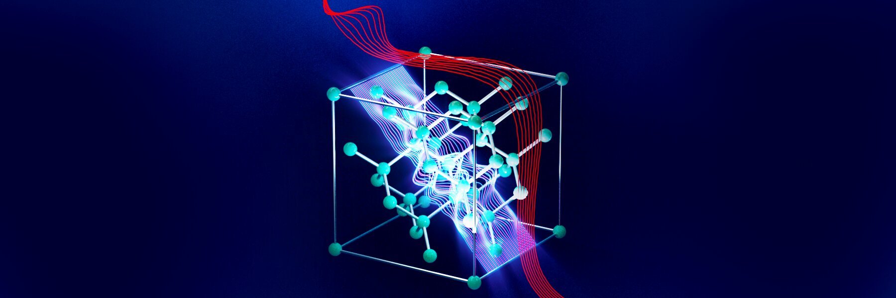 This figure demonstrates picophotonics in the 3D lattice of silicon atoms. The red wave represents the conventional electromagnetic wave propagating in the solid. The blue inner wave represents the new predicted picophotonic wave. Courtesy of Zubin Jacob, Purdue University.