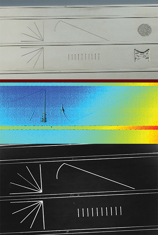 Figure 4. Extracting the surface features of a part (top) may be possible using 3D imaging (middle). However, prudent application of illumination highlights the features in a 2D image (bottom). Courtesy of David L. Dechow.