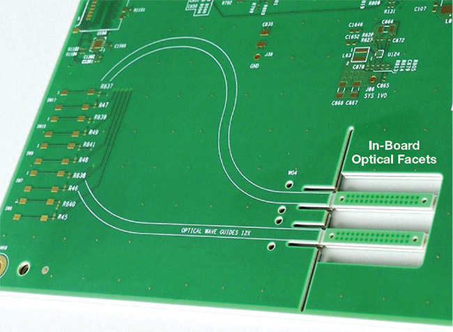 An electro-optical circuit board for an OBO system (top), manufactured by vario-optics, comprises a complex 20-layer electrical stack-up (middle) that incorporates a 50-µm optical multimode waveguide layer (bottom). The optical layer is well protected in the middle of the board and accessed via edge- and in-plane connector interfaces. This design can be equipped with optical engines and a field-programmable gate array to demonstrate multichannel (12×) parallel optical on-board communications. The entire module, including the waveguide layer, can withstand the 270 °C temperatures of standard reflow soldering processes. Courtesy of vario-optics AG.