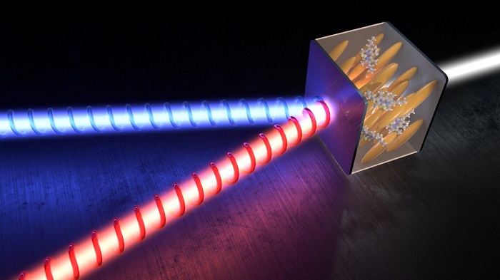 Obtained tunable microlaser emitting two beams. The beams are circularly polarized and directed at different angles. Courtesy of Mateusz Krol, Faculty of Physics, University of Warsaw.