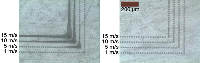 Figure 3. Microscope images of right-angle corners processed in polyethylene terephthalate (PET) using a >50-W femtosecond UV laser without position-synchronized output (PSO) trigger function (left) and with PSO trigger function (right). Courtesy of MKS Instruments.