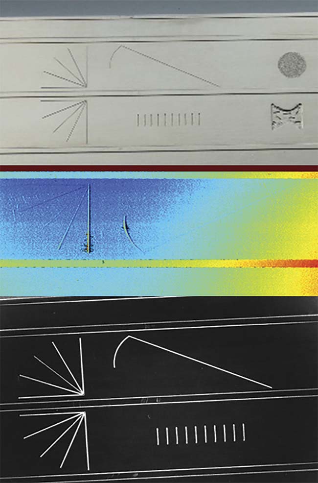 Figure 4. Extracting the surface features of a part (top) may be possible using 3D imaging (middle). However, prudent application of illumination highlights the features in a 2D image (bottom). Courtesy of David L. Dechow.