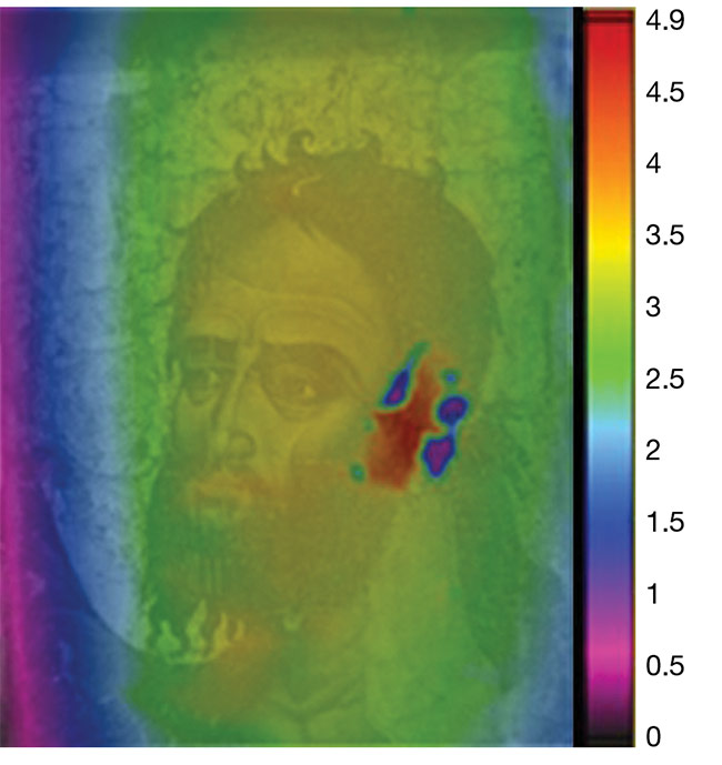 Digital holographic speckle pattern interferometer (DHSPI) full-field scanning reveals a hidden defect in the Byzantine icon of St. John the Baptist at the Byzantine and Christian Museum of Athens in Greece, in work supported by the POLITEIA research project (above). Courtesy of IESL-FORTH.