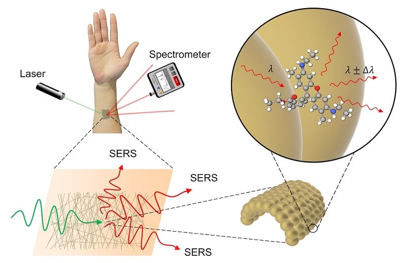 SERS, or surface enhanced Raman spectroscopy, is a method of detecting the presence of a chemical indirectly by using laser light and a specialized sensor. The gold mesh provides an ideal surface for taking measurements as it does not interfere with the substance being measured. Courtesy of the University of Tokyo.