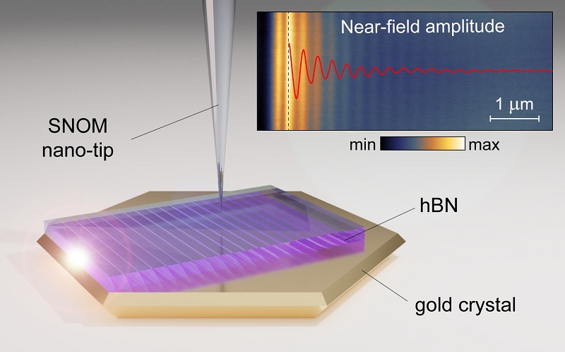 Nano-tip is used for the ultra-high-resolution imaging of the image phonon-polaritons in hBN launched by the gold crystal edge. Courtesy of the Jang Research Group, KAIST.