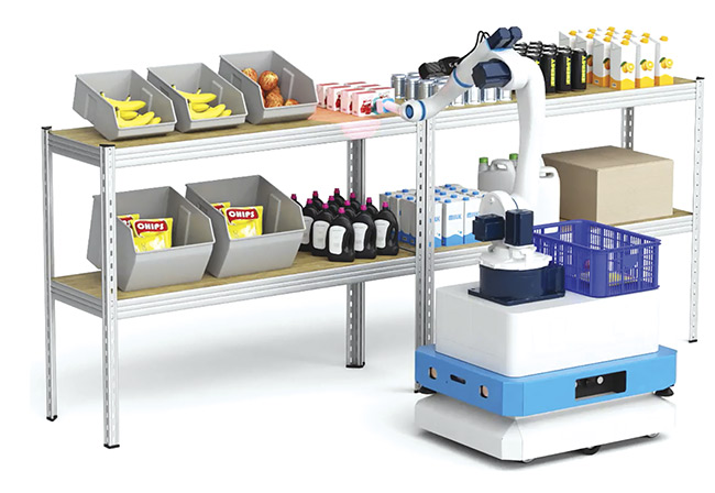 An example of hand-eye coordination for robotic picking of items from shelves. A 3D camera scans products while the robot moves. Courtesy of Photoneo.