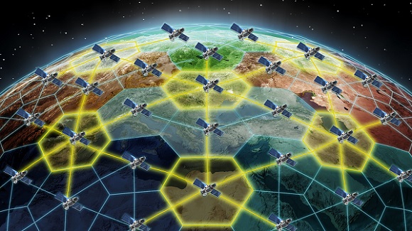 Conceptual image of DARPA’s Space-BACN project which will see the interconnection of satellite constellations of varying origins. Courtesy of DARPA.
