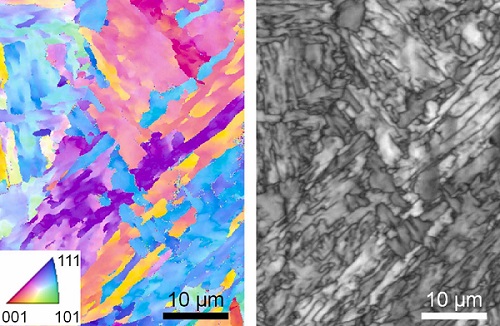 A microscopic image of 3D-printed 17-4 stainless steel. The colors in the left-side version of the image represent the differing orientations of crystals within the alloy. Courtesy of NIST. 