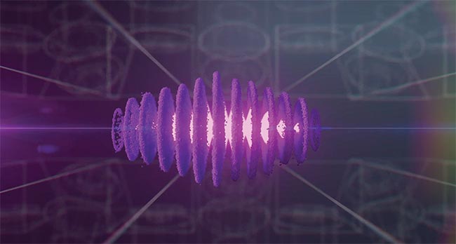 A 3D rendering depicting ultrafast coherent x-ray light in the undulator component of an x-ray free-electron laser (XFEL) that was seeded by a laser wakefield-generated electron bunch. Courtesy of TAU Systems.