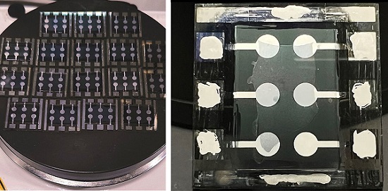 (Left) Perovskite solar cells under high temperature aging. (Right) Photo of perovskite solar cells with novel SAM. Courtesy of City University of Hong Kong.