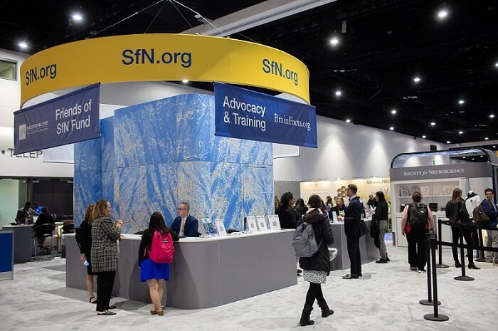 A booth from a previous year's Neuroscience convention. Courtesy of  the Society of Neuroscience.