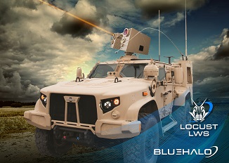 BlueHalo, via an award from the Office of Naval Research and Naval Surface Warfare Center, will develop a high energy laser directed energy weapon prototype, integrated onboard the Marine Corp’s Joint Light Tactical Vehicle. The company will adapt its LOCUST system for integration onto a JLTV, providing warfighters with advanced mobile air defense against unmanned aerial system threats, the company said. Courtesy of BlueHalo.