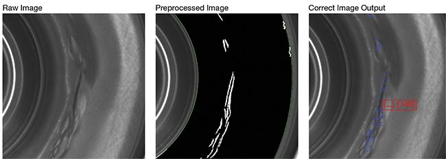 (From left) These images show visible ripple damage on the interior surface of a dry can, then the image preprocessor stack, and the measured edge count and location output using traditional rule-based programming. This rule-based programming approach can be effective, but it must take many parameters into account; variations, such as water droplets, could be mistaken for defects. Courtesy of Teledyne DALSA.