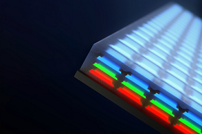 MIT engineers have developed a new way to make sharper, defect-free displays. Instead of patterning red, green, and blue diodes side-by-side in a horizontal patchwork, the team has invented a way to stack the diodes to create vertical, multicolored pixels. Courtesy of Younghee Lee.