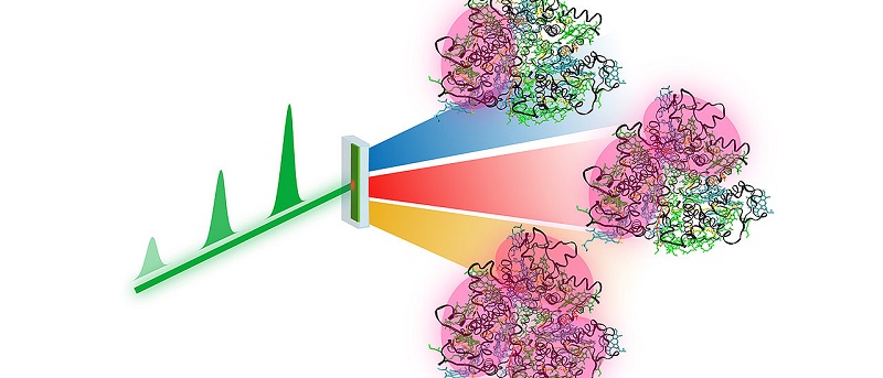 In the new method, laser pulses of different power (green) are combined in such a way that single excitation (blue), double excitation (red) and triple excitation (yellow) can be distinguished, for example, in biological light-harvesting complexes. Courtesy of Julian Lüttig, Universität Würzburg.
