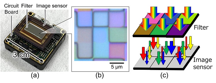 (a) An image sensor with a special filter. (b) An optical microscope image of the special filter. (c) A schematic image of light detection with thinning out using the special filter. Courtesy of Panasonic.