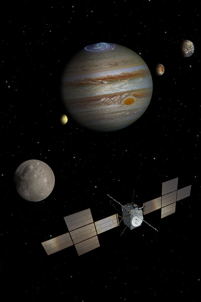 Artist's impression of the Juice mission to explore Jupiter and its moons. Courtesy of ESA, ATG, NASA, University of Leicester, University of Arizona. 