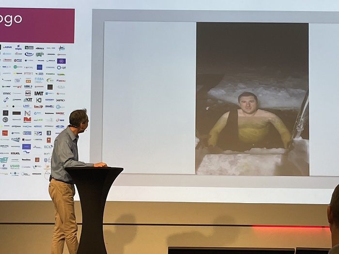 Physicists with cool humor: During EPIC’s Annual Grand Meeting, Carlos Lee, EPIC’s general director, showed a video featuring Nikolajus Gavrilinas, CEO, LITILIT, who addressed attendees from a frozen lake. Courtesy of EPIC.