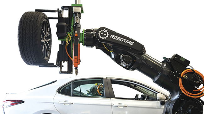 RoboTires’ robot can change car tires, a physically demanding task, precisely, safely, and efficiently. Courtesy of RoboTire.