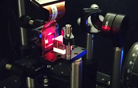 Researchers used a spatial light modulator, shown here, illuminated by the interrogating beam,  to reproduce real aberrations produced by different angles of illumination for different myopic eyes. This allowed them to rigorously analyze different types of eyeglass lenses that are used to slow myopia progression. Courtesy of Augusto Arias-Gallego, ZEISS Vision Science Lab