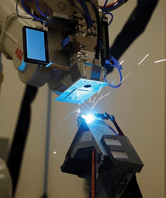 An aluminum automotive part being welded with a 6-kW fiber laser. Sources with optimized beam shapes can often deliver excellent processing speed, improved yield, and/or higher throughput without the need to boost output power. Courtesy of nLIGHT.