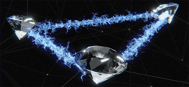 Artist’s impression of a three-node quantum network. The diamonds allude to one of the ways to generate the single photons on which the quantum internet relies — namely, the use of color centers in diamond crystals. Courtesy of Matteo Pompili, QuTec.